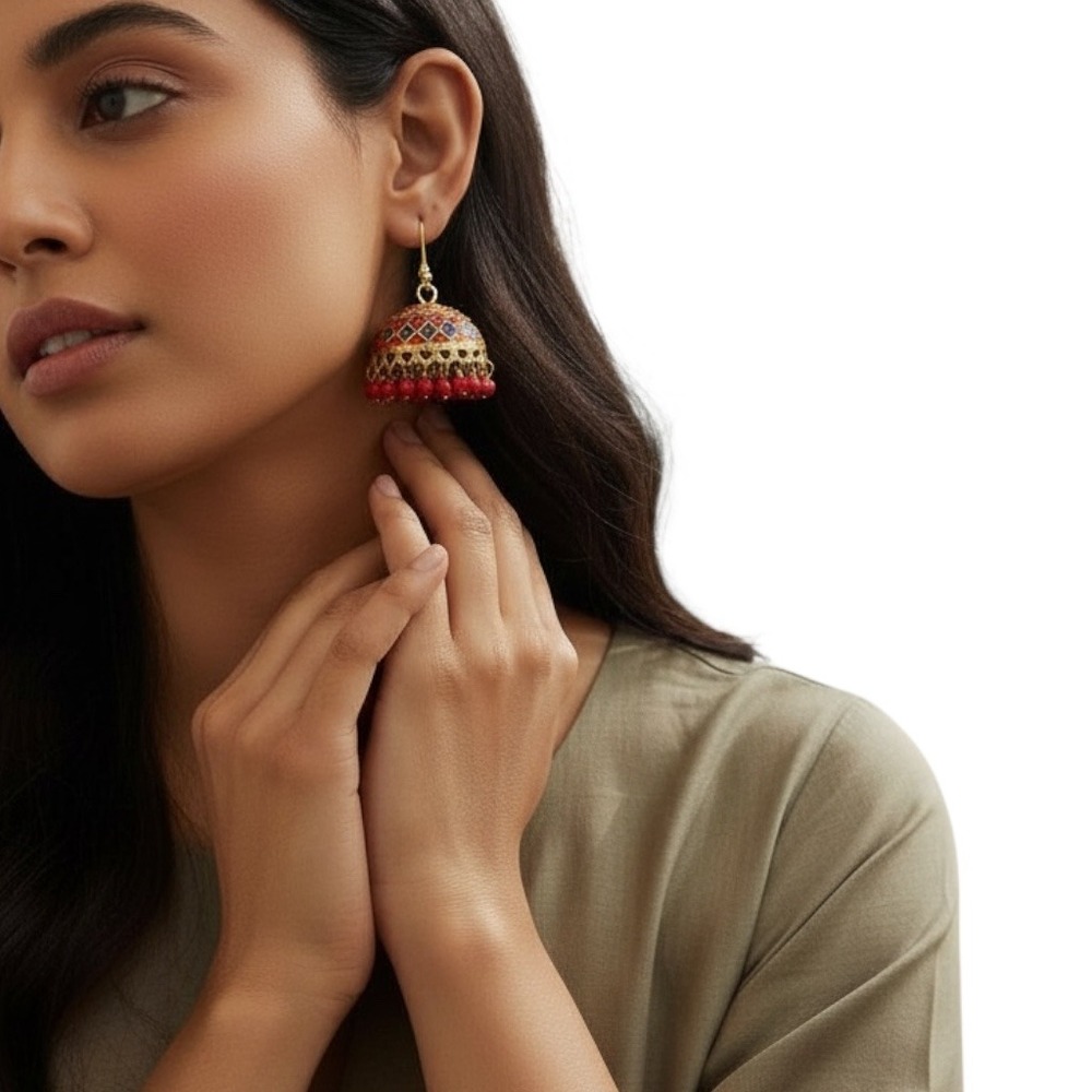 Indian Jhumka Earrings Gold Tone Red Blue Enamel Dangle Beads Women
